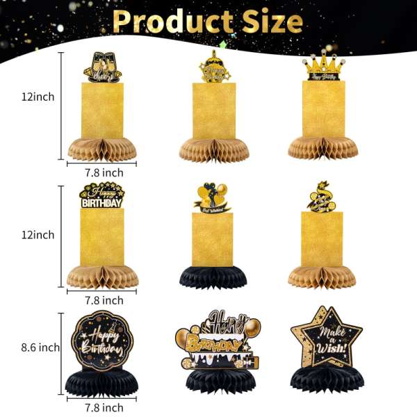 HOMANGA 9 Pieces Black Gold Birthday Party Table Centerpieces, Happy Birthday Party Decorations - Image 2