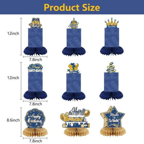 HOMANGA 9 Pieces Blue Gold Birthday Party Table Centerpieces, Happy Birthday Party Decorations - Image 2