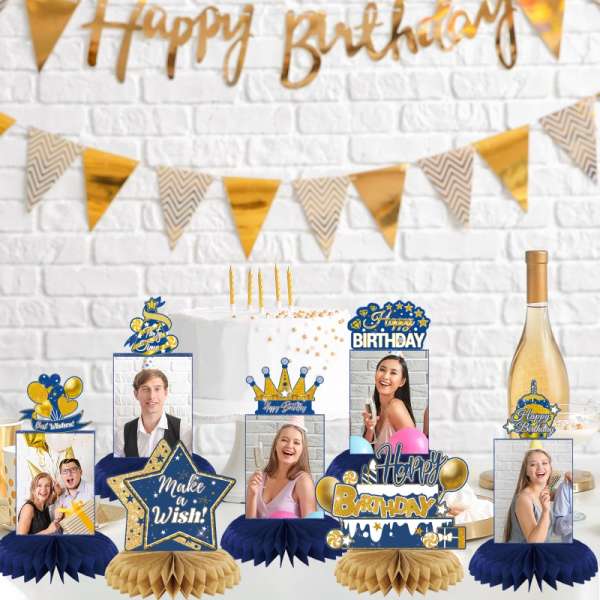 HOMANGA 9 Pieces Blue Gold Birthday Party Table Centerpieces, Happy Birthday Party Decorations - Image 4