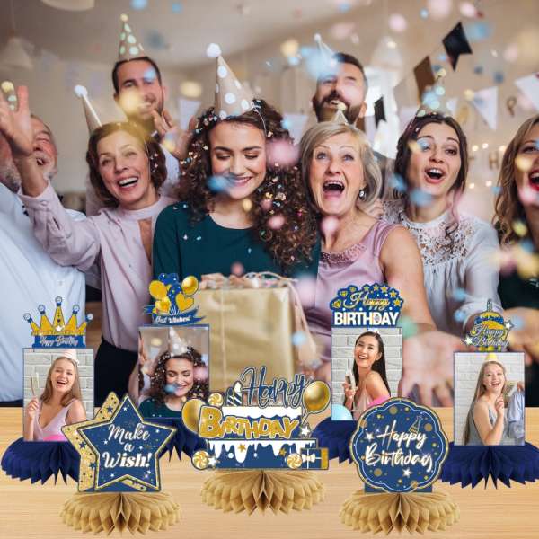 HOMANGA 9 Pieces Blue Gold Birthday Party Table Centerpieces, Happy Birthday Party Decorations - Image 5