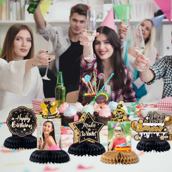 HOMANGA 9 Pieces Black Gold Birthday Party Table Centerpieces, Happy Birthday Party Decorations - Image 5