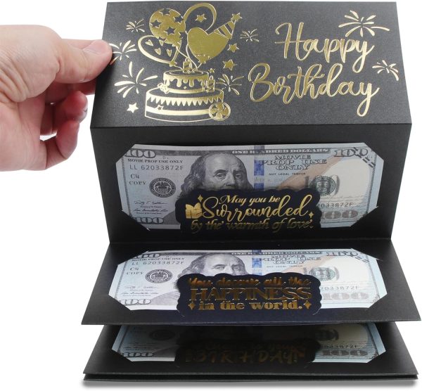 HOMANGA Birthday Money Envelope for Cash Gifts, Surprise Cash Envelope for Men Women Kids, Birthday Gift Card for Men Women Girls Boys, Black Gold Money Holder