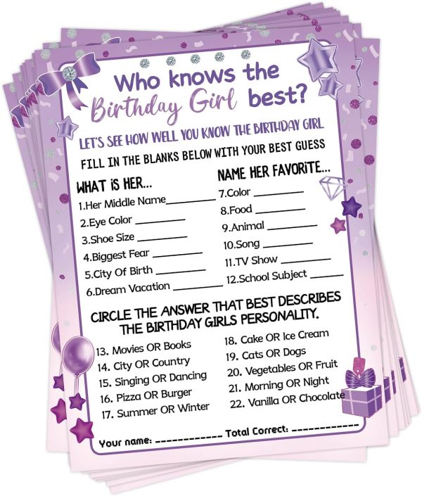 HOMANGA Who Knows The Birthday Girl Best, Birthday Would She Rather, Birthday Game Cards for Girls Her Sleepover Party - 6x8 inch Set of 30 (Purple, Double-sided)