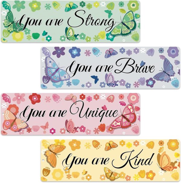 HOMANGA 4Pcs Girls Room Decor, Butterfly Wall Decor for Girls Bedroom, Inspirational Wall Art for Girls, Nursery Decorations Little Girl Playroom Tin Signs 11.81x3.15 Inch