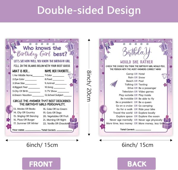 HOMANGA Who Knows The Birthday Girl Best, Birthday Would She Rather, Birthday Game Cards for Girls Her Sleepover Party - 6x8 inch Set of 30 (Purple, Double-sided) - Image 2