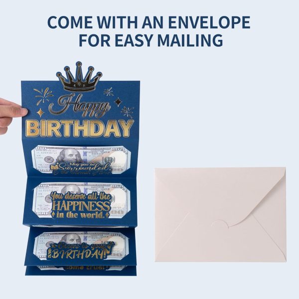 HOMANGA Birthday Money Envelope for Cash Gifts, Surprise Cash Envelope for Men Women Kids, Birthday Gift Card for Men Women Girls Boys, Blue Gold Birthday Money Holder - Image 2