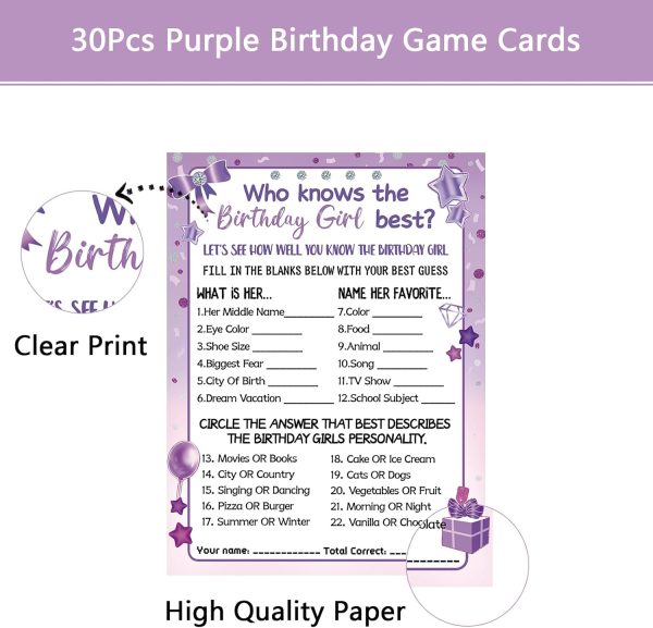 HOMANGA Who Knows The Birthday Girl Best, Birthday Would She Rather, Birthday Game Cards for Girls Her Sleepover Party - 6x8 inch Set of 30 (Purple, Double-sided) - Image 3