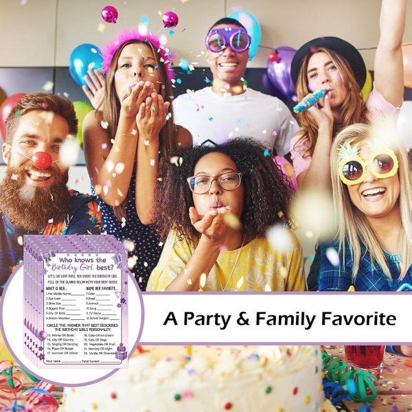 HOMANGA Who Knows The Birthday Girl Best, Birthday Would She Rather, Birthday Game Cards for Girls Her Sleepover Party - 6x8 inch Set of 30 (Purple, Double-sided) - Image 4