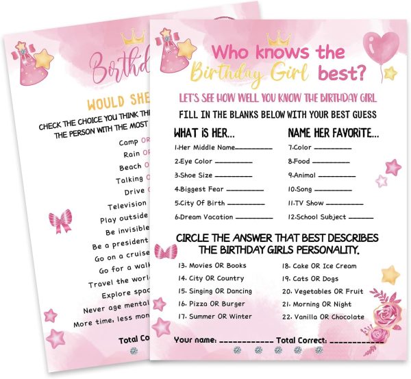 HOMANGA Who Knows The Birthday Girl Best, Birthday Would She Rather, Birthday Game Cards for Girls Her Sleepover Party - 6x8 inch Set of 30 (Pink, Double-Sided)