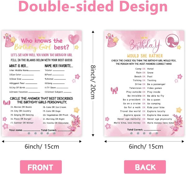 HOMANGA Who Knows The Birthday Girl Best, Birthday Would She Rather, Birthday Game Cards for Girls Her Sleepover Party - 6x8 inch Set of 30 (Pink, Double-Sided) - Image 2