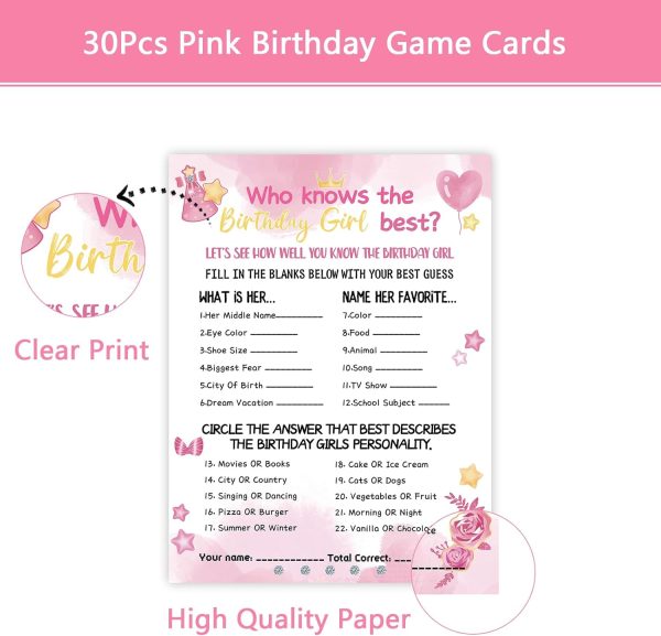 HOMANGA Who Knows The Birthday Girl Best, Birthday Would She Rather, Birthday Game Cards for Girls Her Sleepover Party - 6x8 inch Set of 30 (Pink, Double-Sided) - Image 3