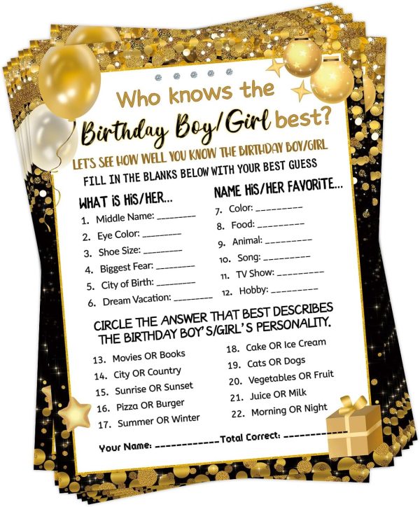 HOMANGA Who Knows The Birthday Boy Girl Best, Birthday Game Cards for Party Activities, Birthday Game Cards for Teens Kids Girls Boys Sleepover Party - Set of 30 (Black Gold, Double-Sided)