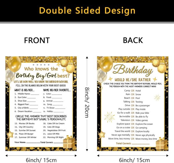 HOMANGA Who Knows The Birthday Boy Girl Best, Birthday Game Cards for Party Activities, Birthday Game Cards for Teens Kids Girls Boys Sleepover Party - Set of 30 (Black Gold, Double-Sided) - Image 2