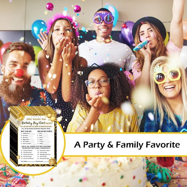 HOMANGA Who Knows The Birthday Boy Girl Best, Birthday Game Cards for Party Activities, Birthday Game Cards for Teens Kids Girls Boys Sleepover Party - Set of 30 (Black Gold, Double-Sided) - Image 4